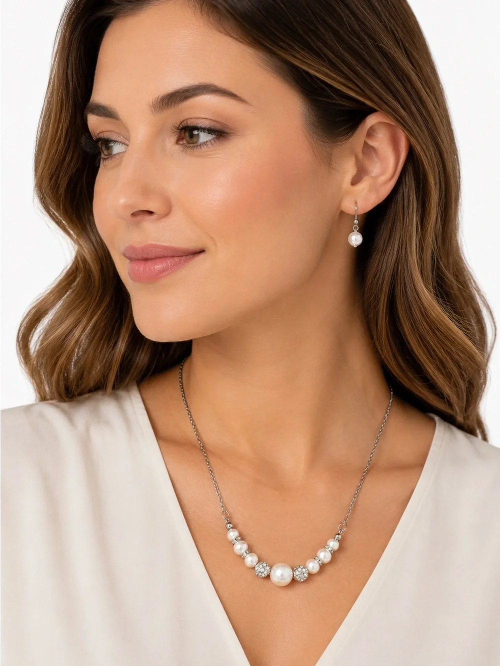 Silver Tone Faux Pearl Rhinestone Necklace & Earrings Set Wedding Bridal Gift
